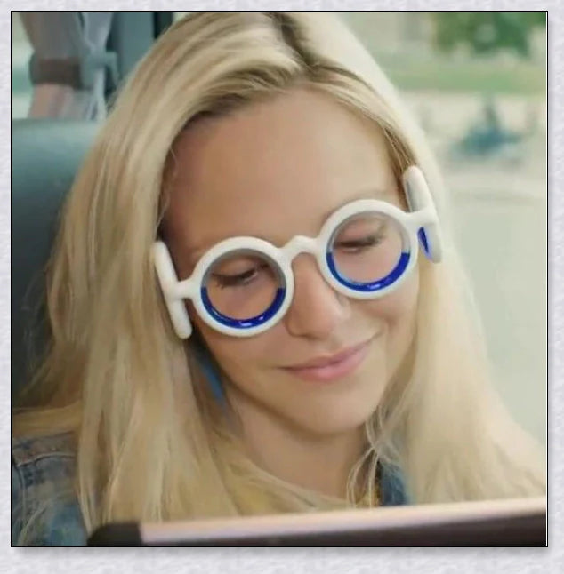 A pair of black motion sickness glasses with a blue liquid-filled ring to create an artificial horizon and relieve nausea, dizziness, and vertigo during travel.