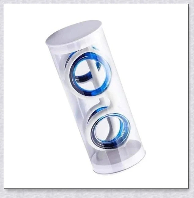 A pair of black motion sickness glasses with a blue liquid-filled ring to create an artificial horizon and relieve nausea, dizziness, and vertigo during travel.