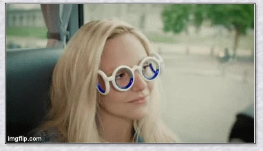 A pair of black motion sickness glasses with a blue liquid-filled ring to create an artificial horizon and relieve nausea, dizziness, and vertigo during travel.
