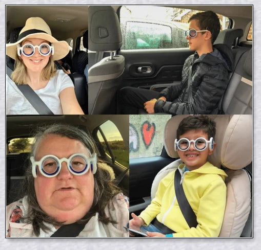 A pair of black motion sickness glasses with a blue liquid-filled ring to create an artificial horizon and relieve nausea, dizziness, and vertigo during travel.