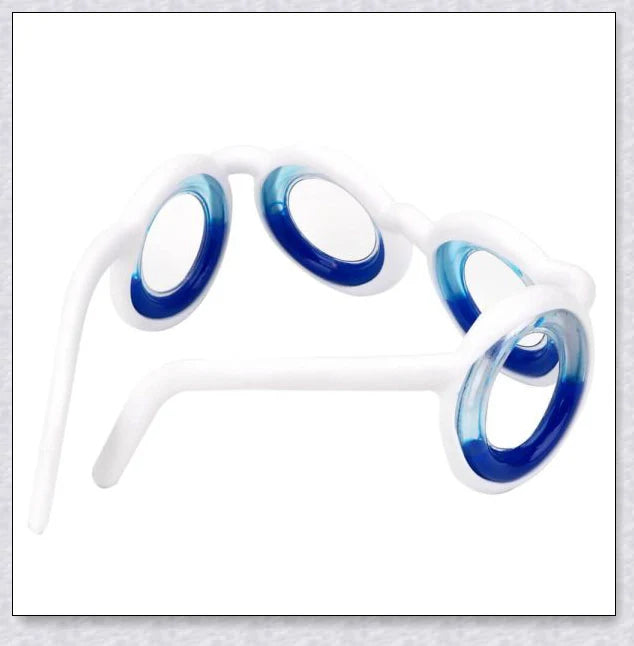 A pair of black motion sickness glasses with a blue liquid-filled ring to create an artificial horizon and relieve nausea, dizziness, and vertigo during travel.