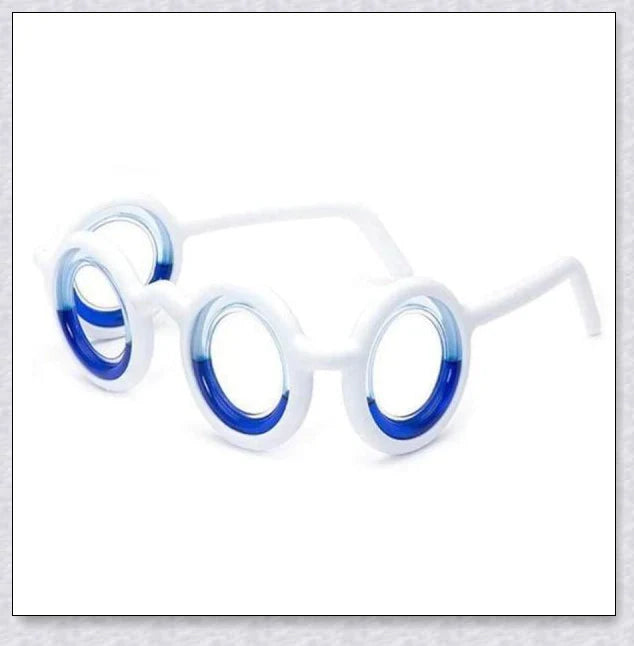 A pair of black motion sickness glasses with a blue liquid-filled ring to create an artificial horizon and relieve nausea, dizziness, and vertigo during travel.