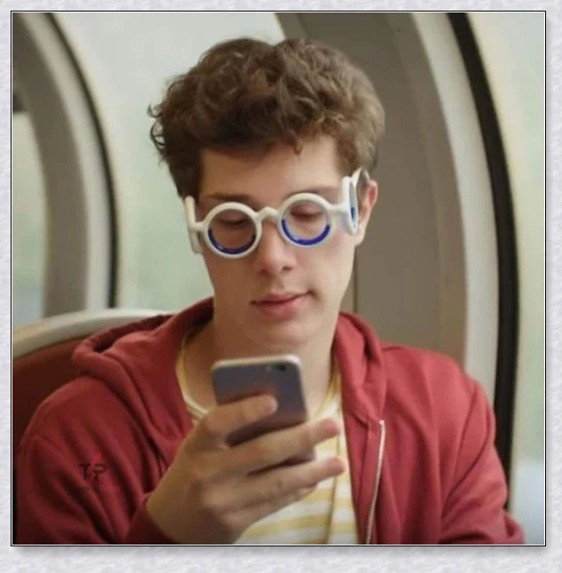 A pair of black motion sickness glasses with a blue liquid-filled ring to create an artificial horizon and relieve nausea, dizziness, and vertigo during travel.