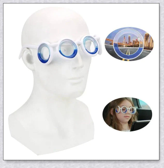 A pair of black motion sickness glasses with a blue liquid-filled ring to create an artificial horizon and relieve nausea, dizziness, and vertigo during travel.