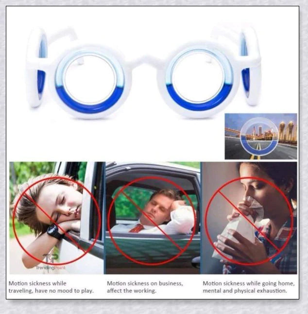 A pair of black motion sickness glasses with a blue liquid-filled ring to create an artificial horizon and relieve nausea, dizziness, and vertigo during travel.