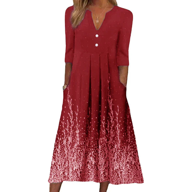 A sophisticated digital printed v-neck long-sleeved dress in vibrant colours, perfect for any occasion.
