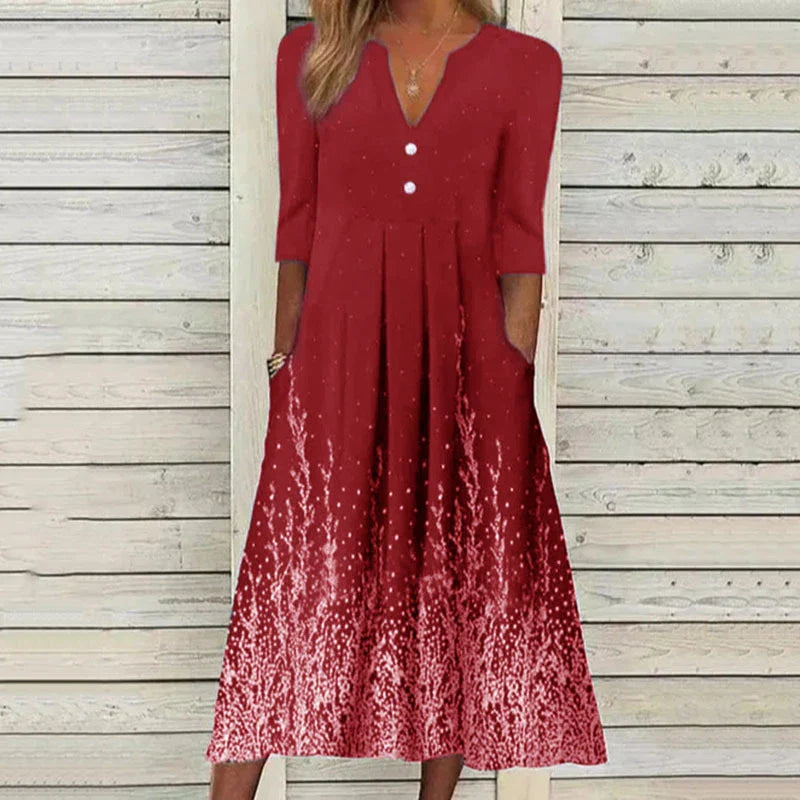 A sophisticated digital printed v-neck long-sleeved dress in vibrant colours, perfect for any occasion.