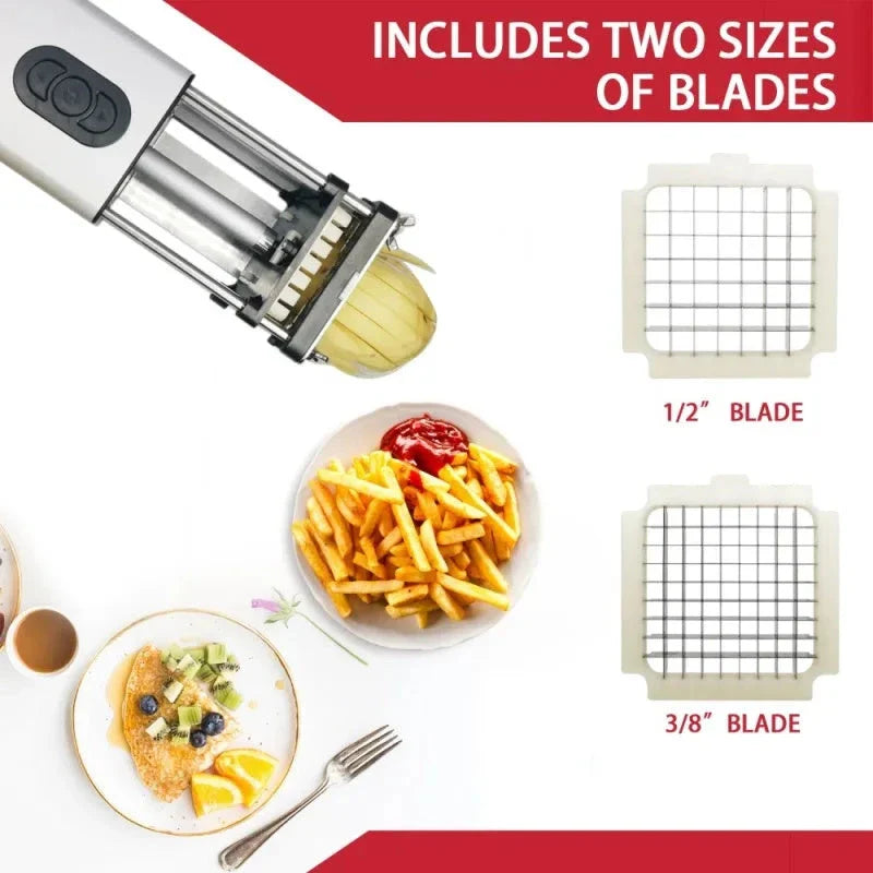 Premium electric French fry cutter with stainless steel blades and versatile cutting modes for commercial and home use