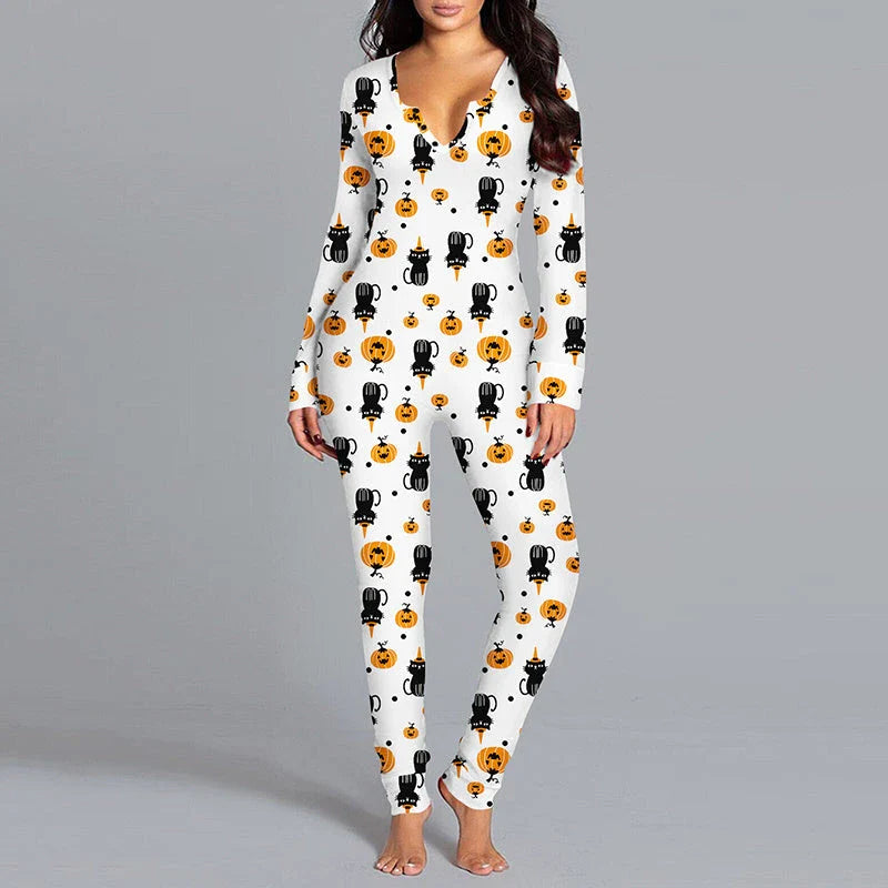 Cozy and stylish Halloween-themed pajama jumpsuit with long sleeves and a variety of color options