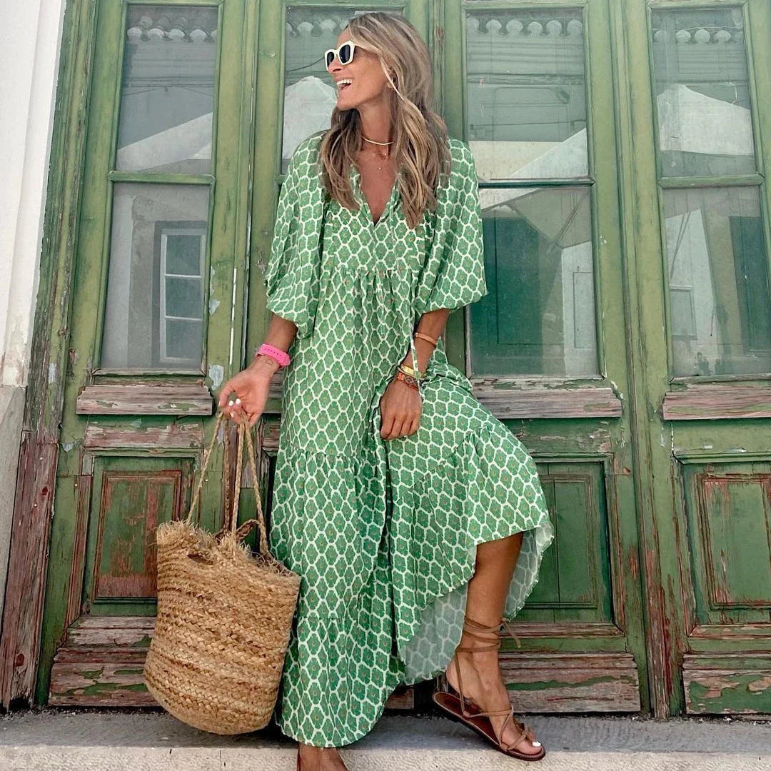 Boho Chic Midi Dress with Floral Print, V-Neck, and Short Sleeves