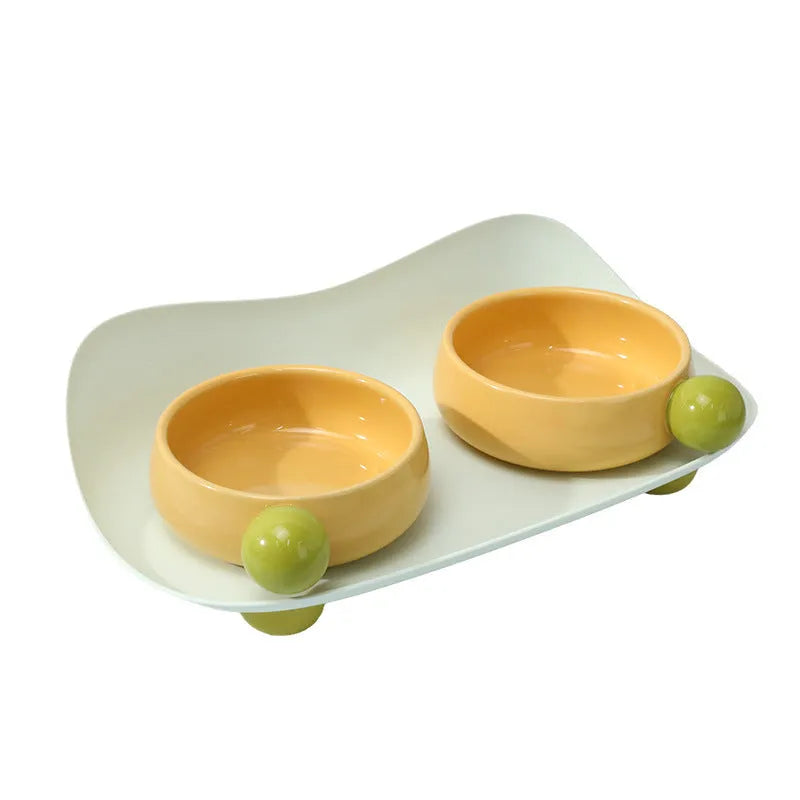 Ceramic raised pet bowl set with two bowls on non-slip base for cats and small dogs