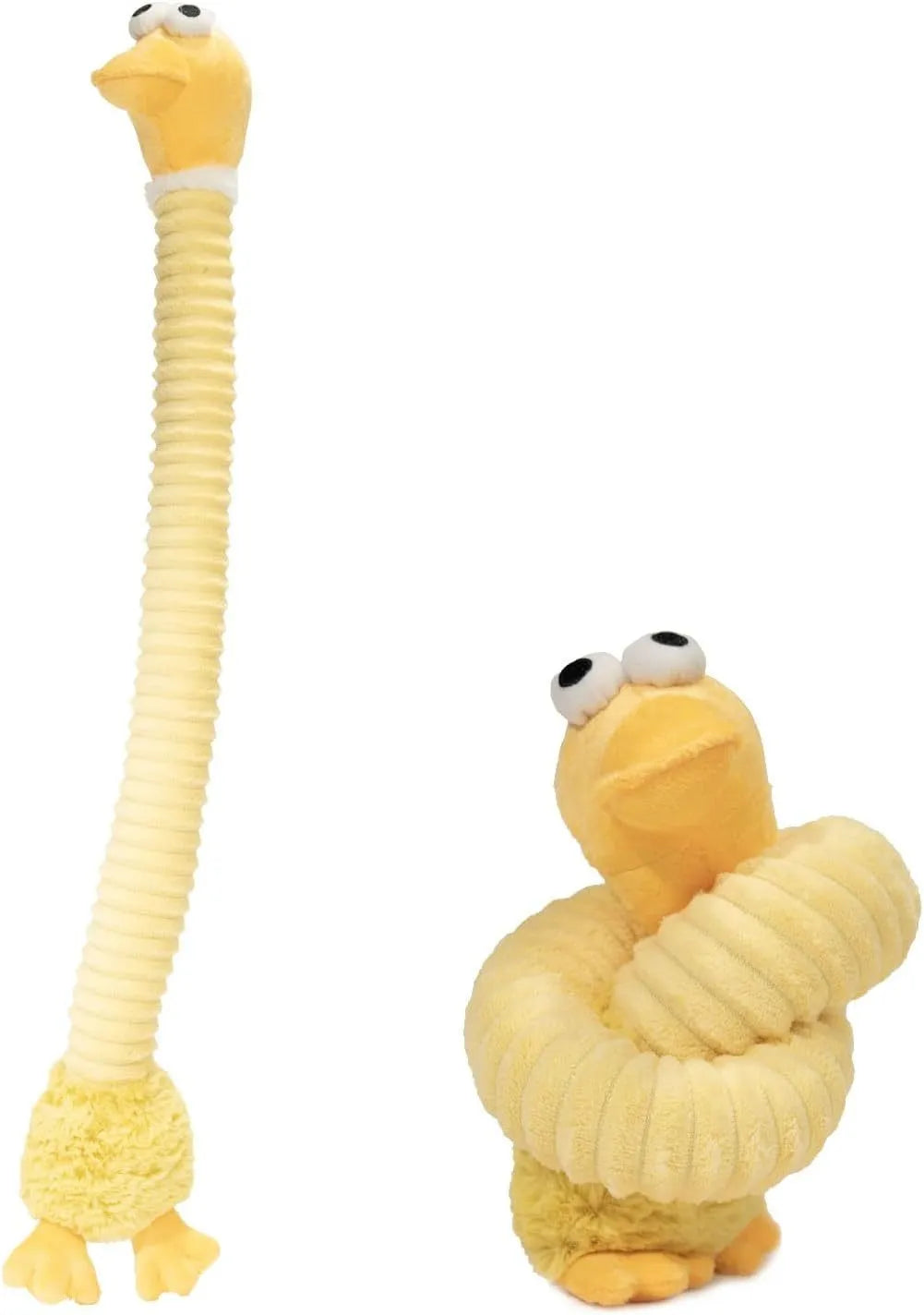 Brown, grey, and yellow plush dog toys with squeaky and crinkle features.