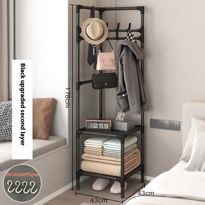Modern stainless steel corner coat rack with multi-layer design and hooks