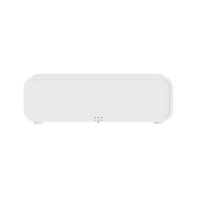 Black and white USB aroma diffuser with remote control showing flame dynamic and colour-changing light effects.