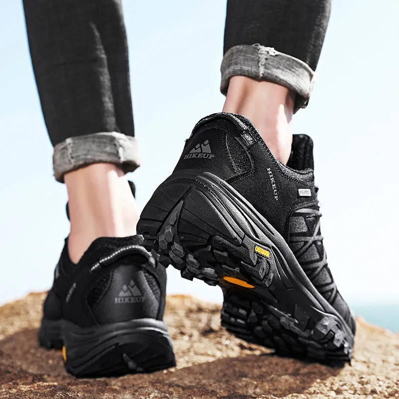 Men's synthetic leather climbing shoes in khaki, grey, or black with round toe and low heel.