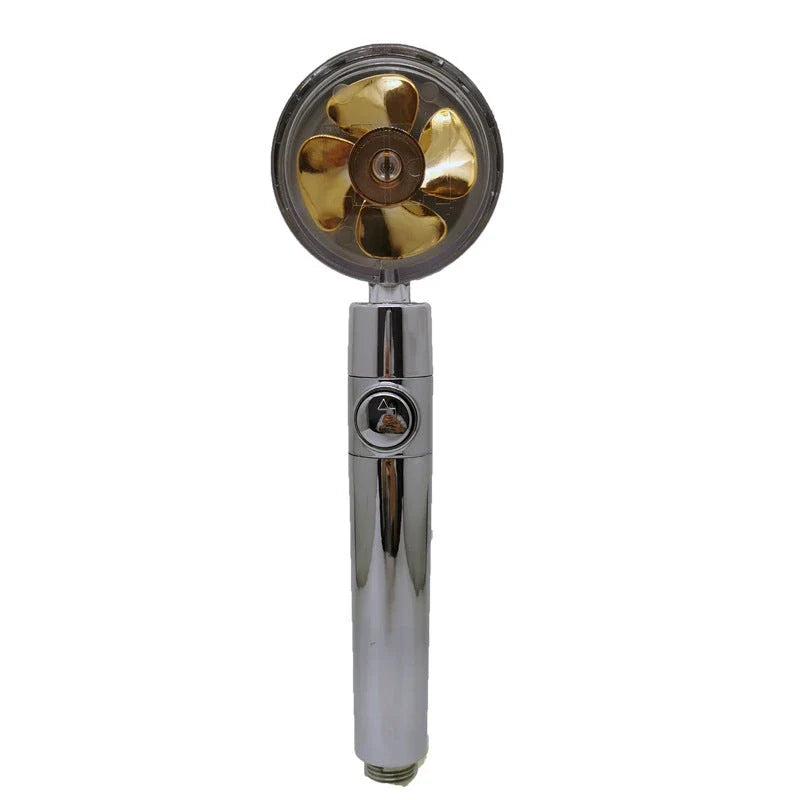 A high-pressure handheld shower head with a turbo-charged water flow and a cotton filter for a luxurious, spa-like bathing experience.
