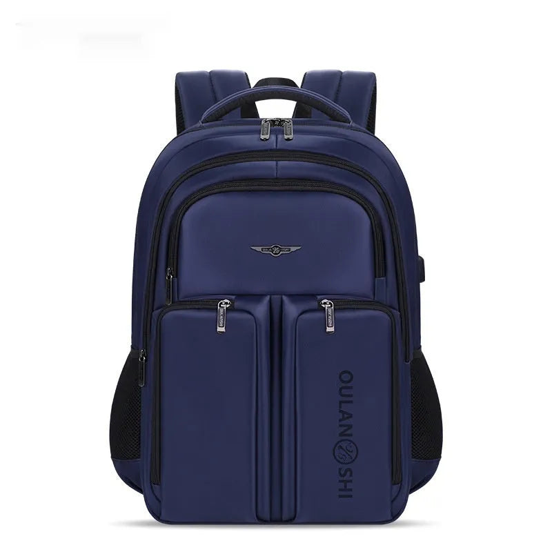 Large capacity canvas travel backpack 56-75L in black with chain and splicing detail
