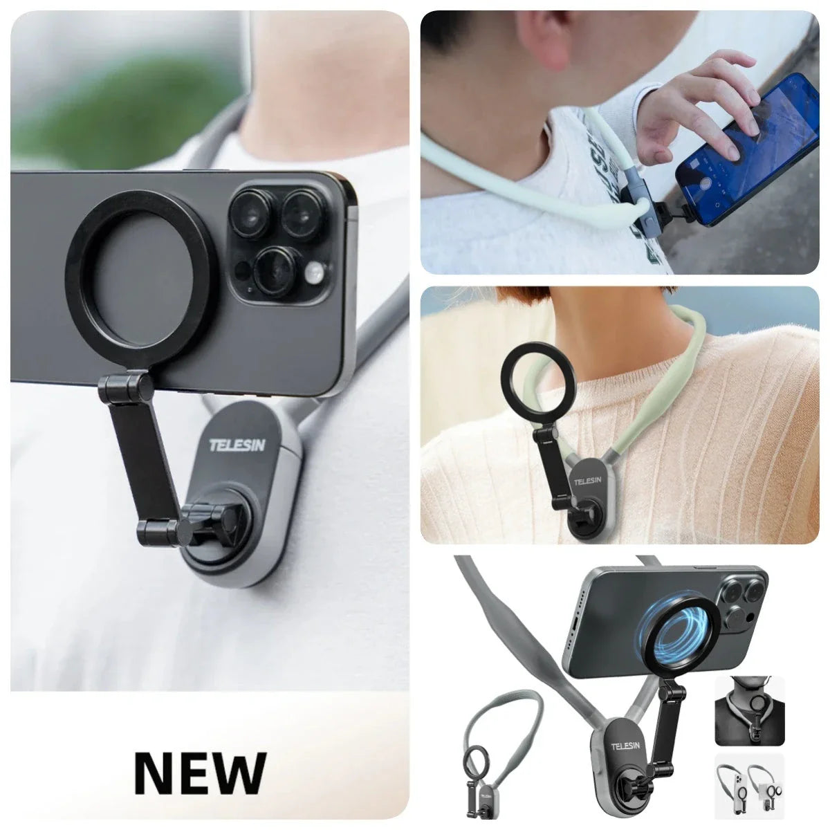 Magnetic silicone phone neck mount with adjustable design and quick-release feature for hands-free mobility