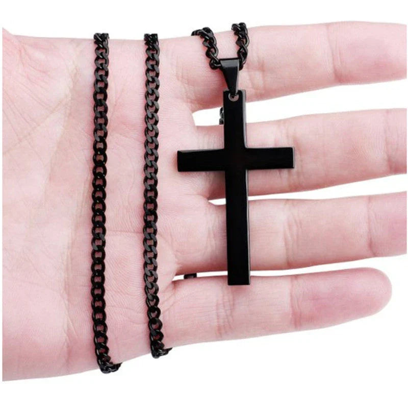 Stylish Stainless Steel Cross Pendant Necklace for Men - Available in Black, Silver, and Gold