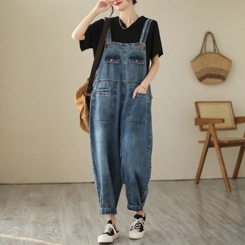 Stylish light blue denim strap pants for women with adjustable fit