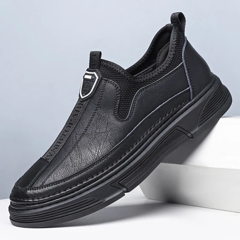 Men's black and brown leather casual shoes with round toe design