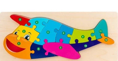 A charming wooden puzzle featuring a variety of cartoon animal designs, including a steamship, aircraft, dinosaur, and more.
