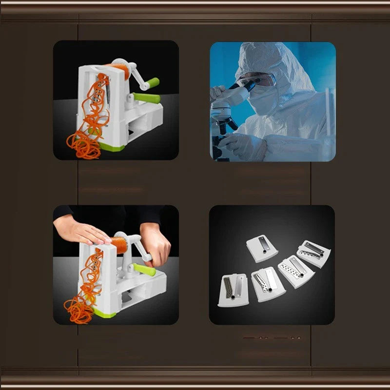Versatile hand-powered vegetable slicer with interchangeable blades, suction base, and protective hand guard for effortless, safe meal prep