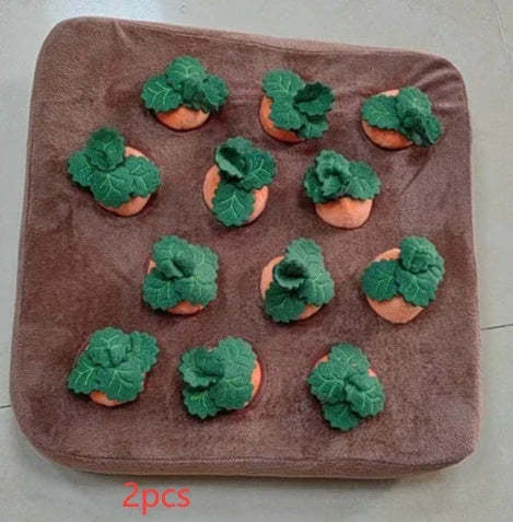 Plush carrot-shaped dog toy with snuffle mat for interactive play and mental stimulation