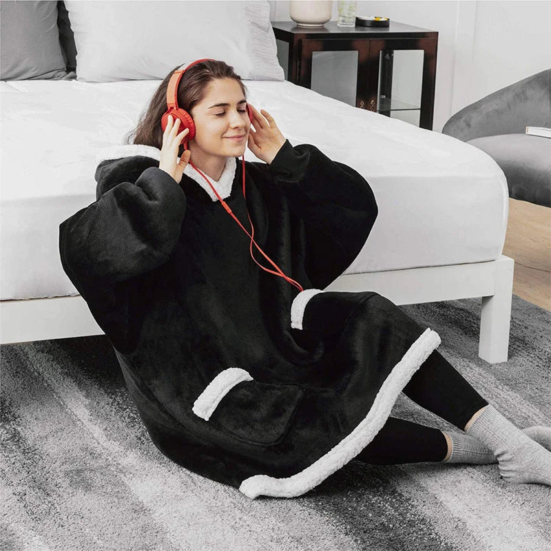 Cozy TV Hoodie Blanket in various colors, including pink, black, navy blue, wine red, and grey, with convenient pockets for relaxing at home
