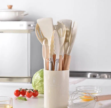 Premium silicone kitchenware set with wooden handle, ideal for cooking and baking