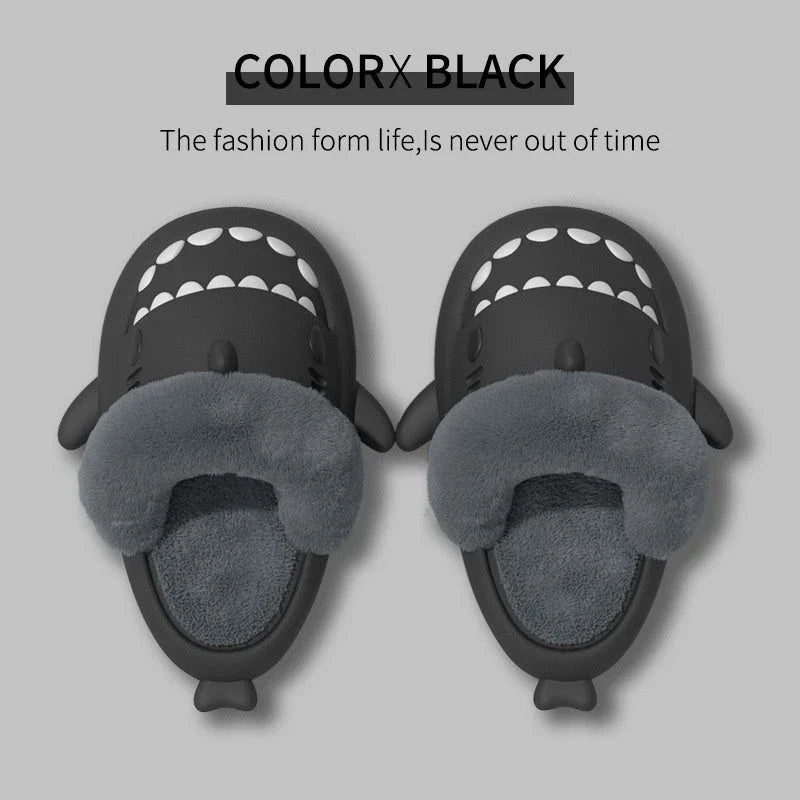 Cozy shark-inspired slippers with plush material and durable EVA soles for comfortable indoor and outdoor wear