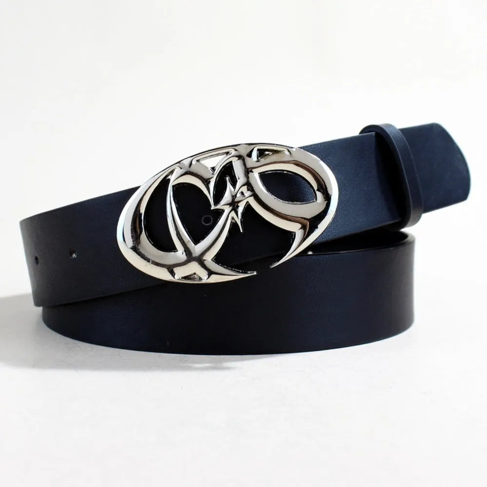 Casual black PU leather belt with a silver snap-button buckle, shown flat to display its 3.3cm width and length.