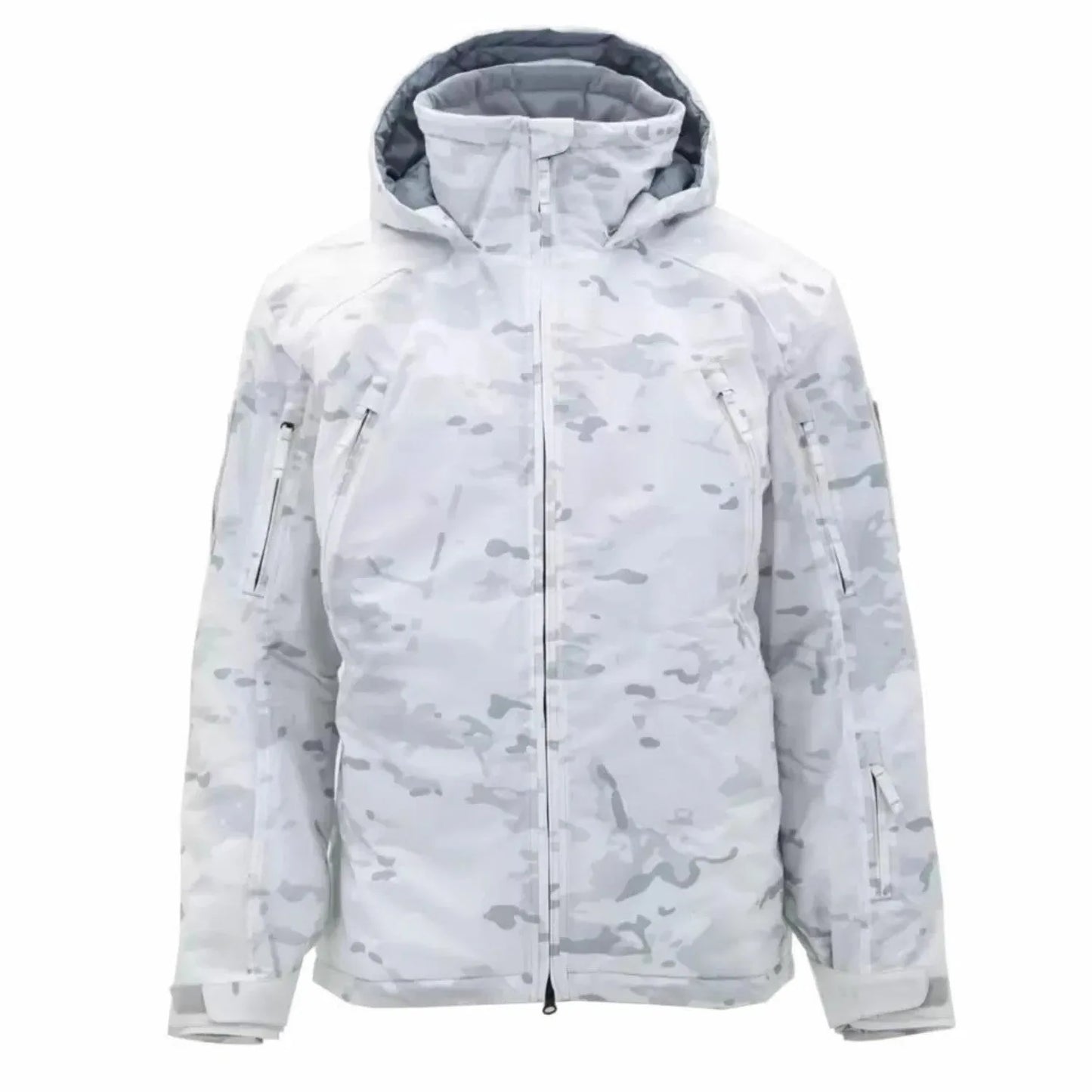 Thick cotton winter jacket shown in camouflage colour on a hanger.
