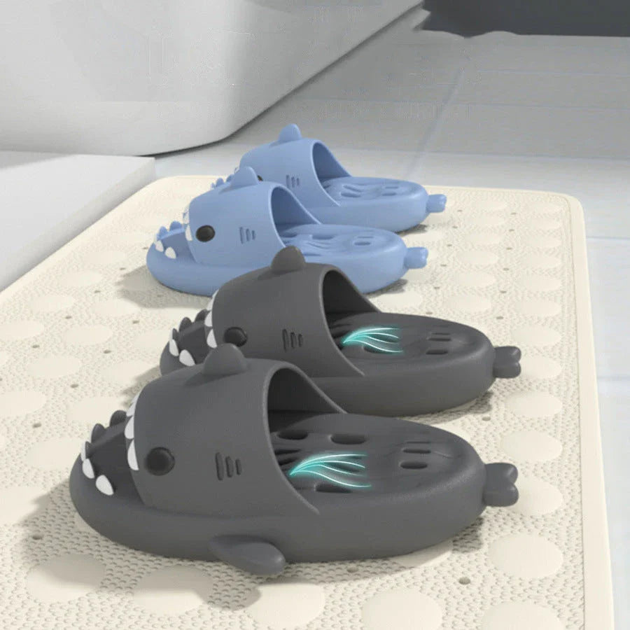Stylish shark-themed shower slides with drainage holes and non-slip soles, made of lightweight and quick-drying EVA material