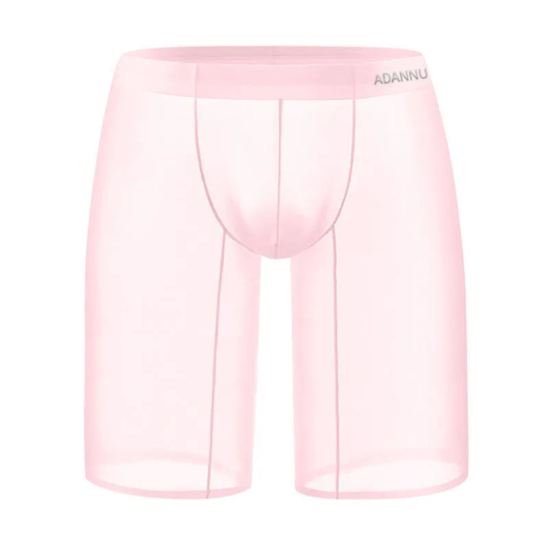Men's black seamless nylon mesh lounge shorts on a hanger, showing hip-lift design and knitted texture.