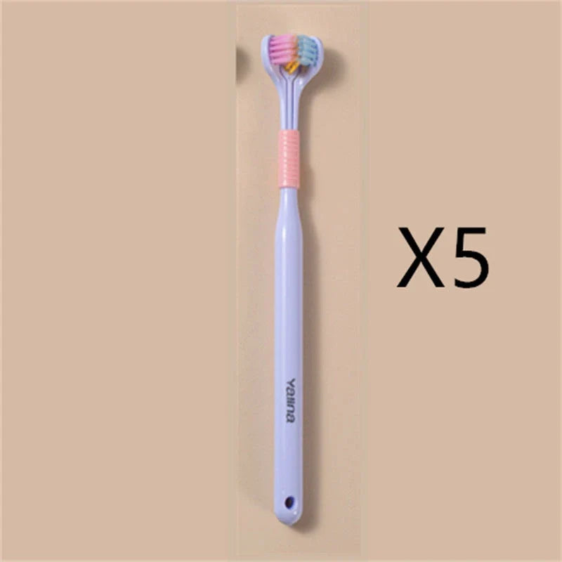 A soft bristle toothbrush with a unique triple-sided brush head for deep cleaning and customizable bristle firmness.