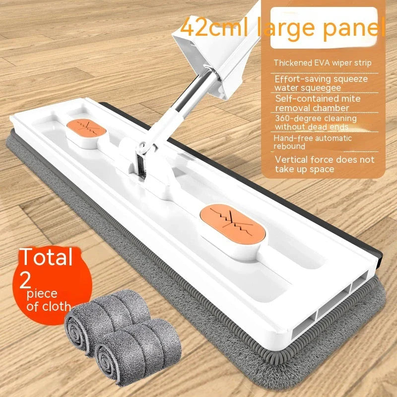 A premium 360° rotating flat mop with a stainless steel handle, suitable for cleaning various flooring types in homes.