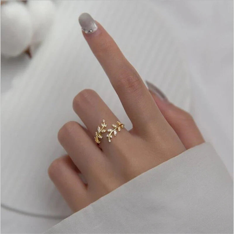 Women's branch ring with leaf design in silver or gold electroplated finish