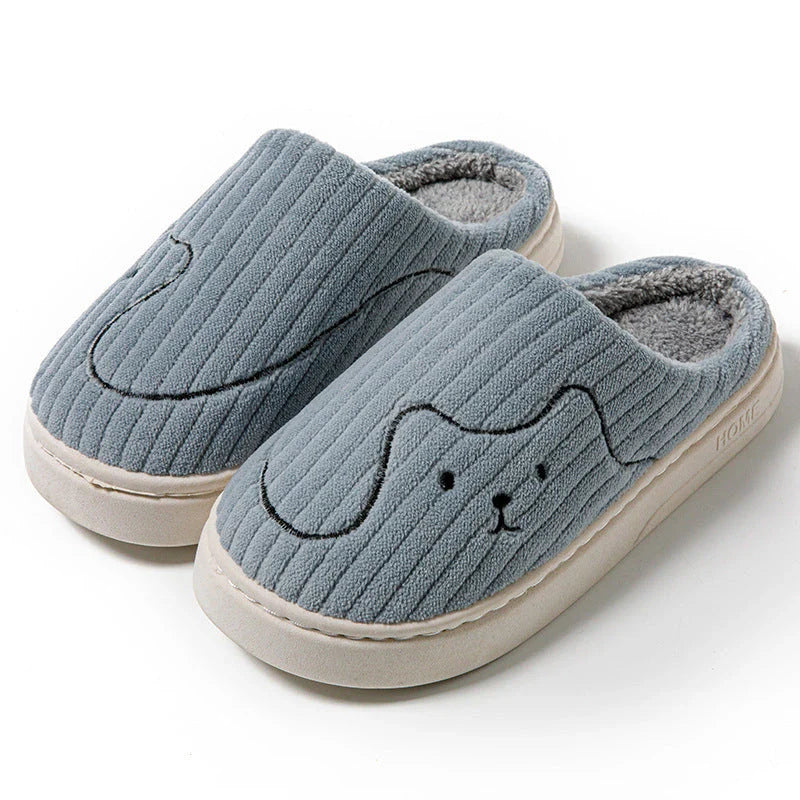 Cozy cat-themed house slippers in various colors with plush fabric and non-slip rubber soles