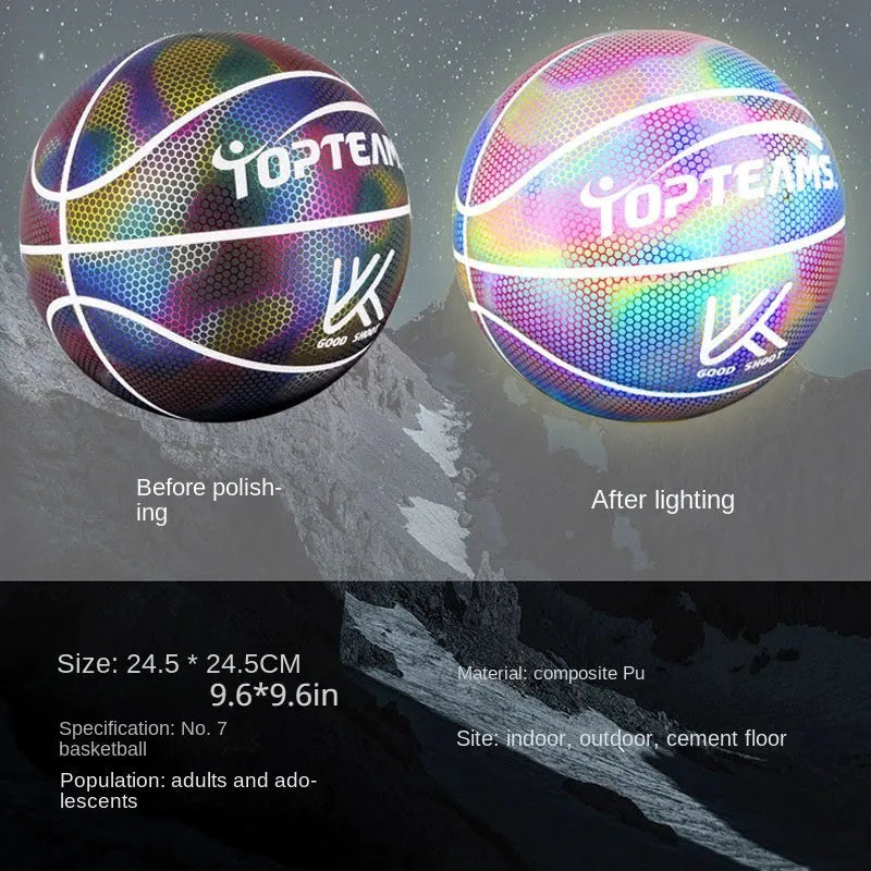 Holographic luminous reflective fluorescent basketball No. 7 size with wear-resistant PU leather