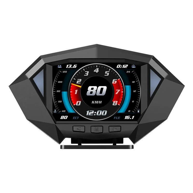 P1 black HUD display unit with OBD cable on a car dashboard