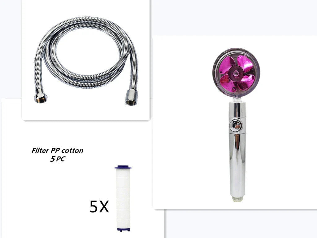 A high-pressure handheld shower head with a turbo-charged water flow and a cotton filter for a luxurious, spa-like bathing experience.