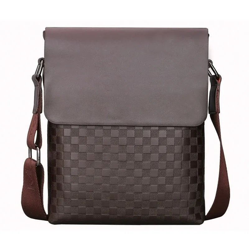 Men's PU leather crossbody messenger bag, plaid pattern, black or dark brown, 20cm x 24cm x 6cm