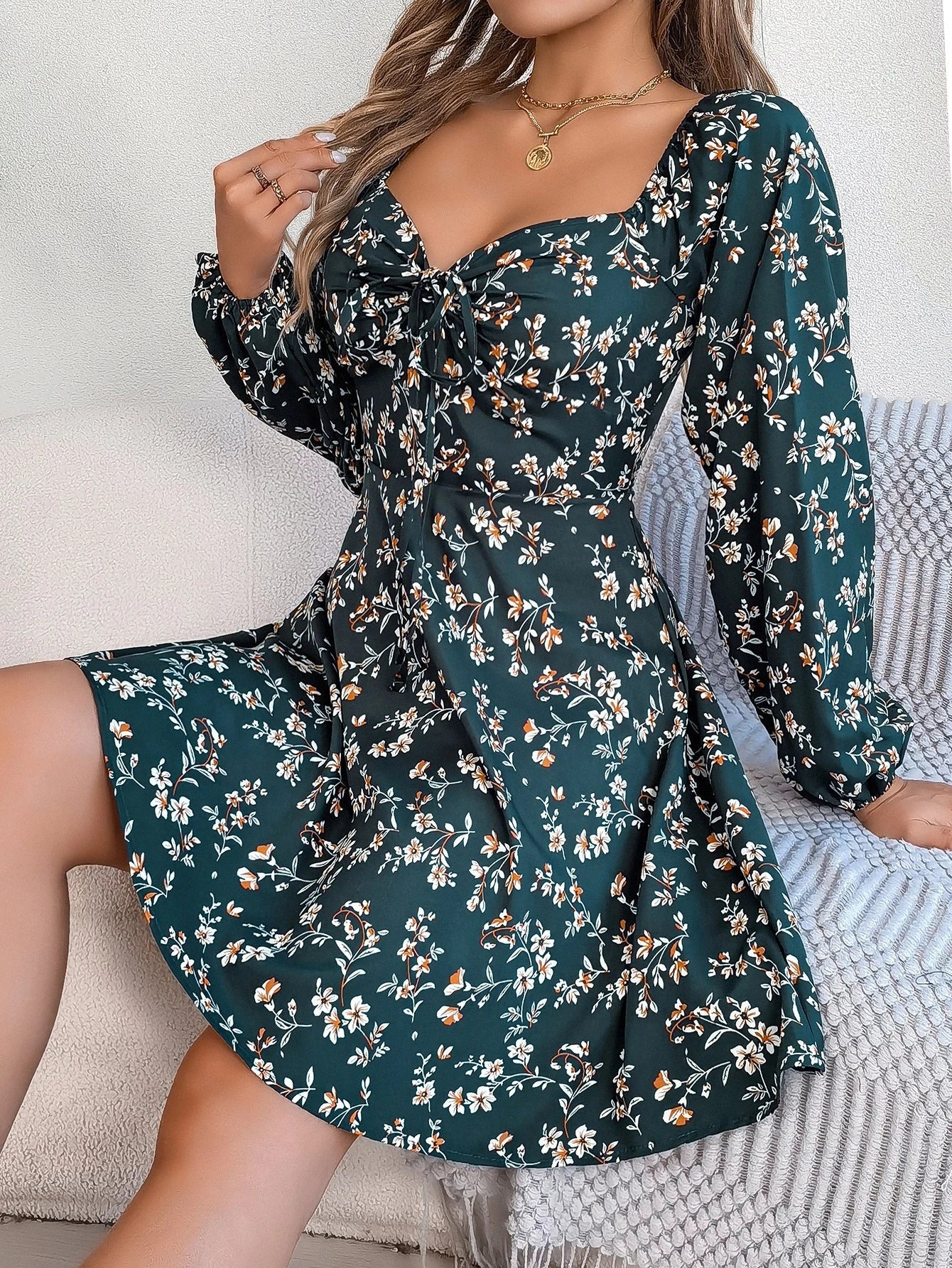 Flirty floral dress with lantern sleeves, available in a range of vibrant colors