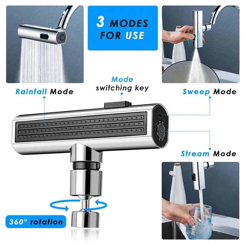 Premium waterfall kitchen faucet with versatile water modes, including waterfall, strong pressure, scraper, and gentle shower settings