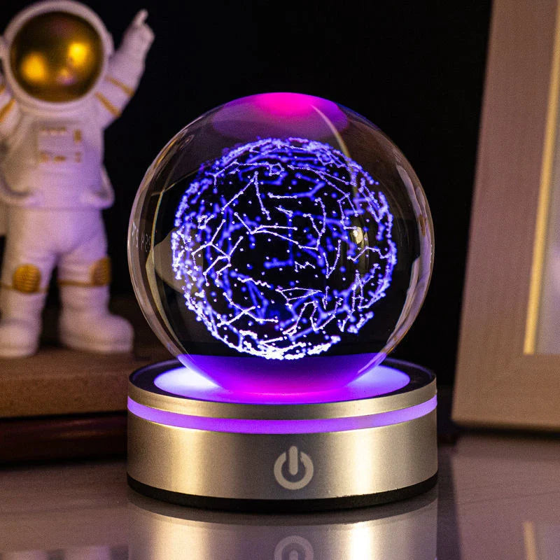 Luminous crystal ball with various celestial-inspired designs, including the Milky Way, Solar System, and Constellation.