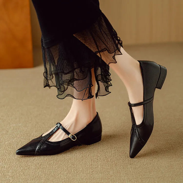 Brown women's pointed toe flat shoes with a round toe and metal detail on a casual cowhide upper.