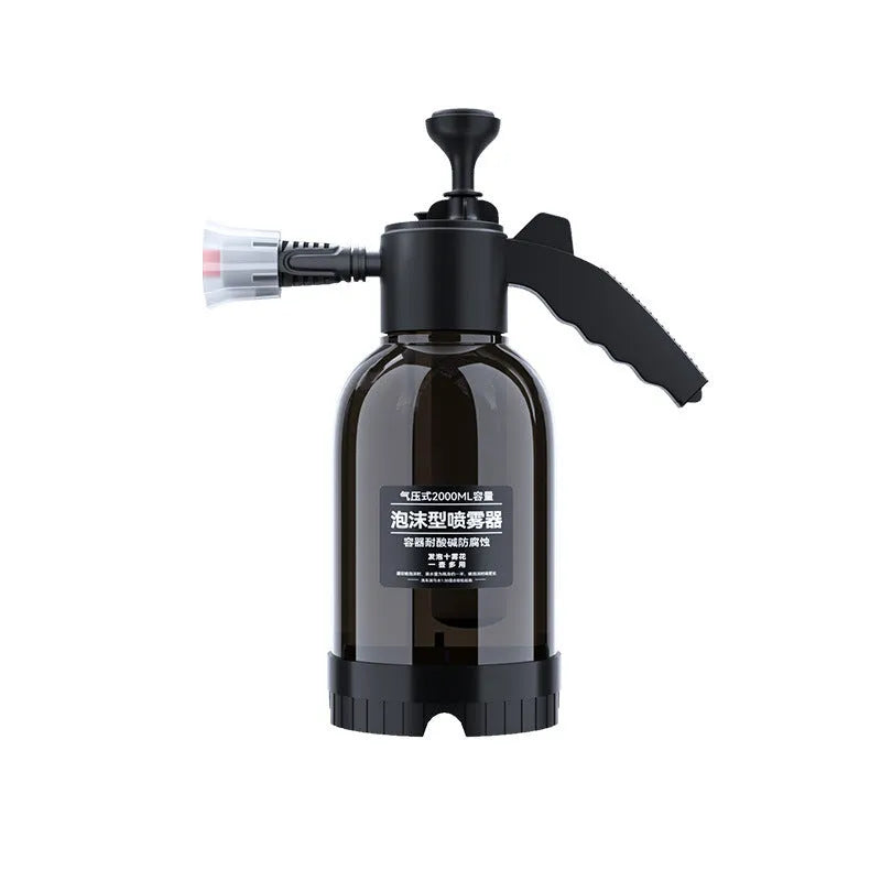 Black hand-held 2 litre foam sprayer with pump lever and two nozzles for car washing and garden use.