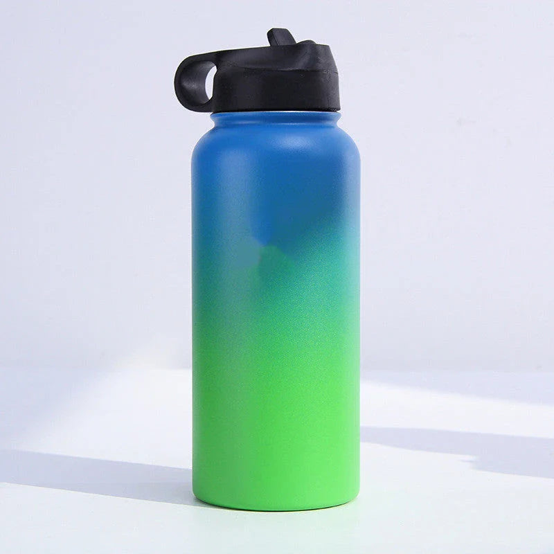 Stainless steel insulated water bottle with wide mouth and push-button lid for hot and cold beverages