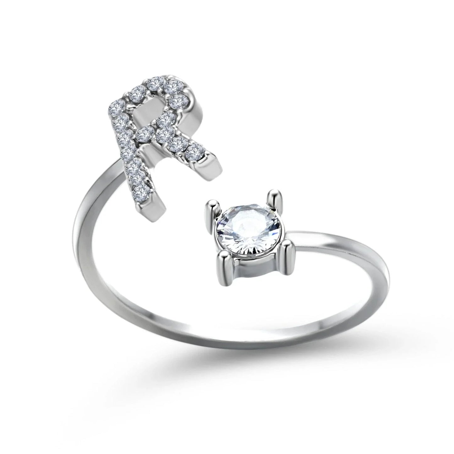 Personalized Initial Letter Crystal Ring with Adjustable Design in Gold, Silver, and Rose Gold Colors